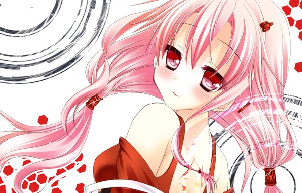 Anime picture 1500x961 with guilty crown production i.g yuzuriha inori single long hair looking at viewer blush red eyes bare shoulders pink hair looking back girl hair ornament hairclip
