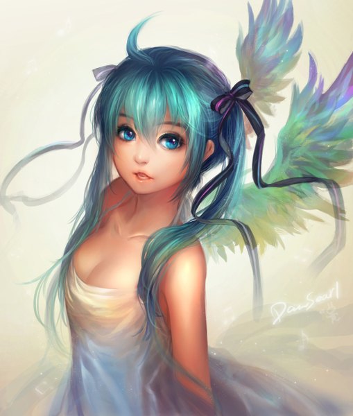 Anime picture 1100x1297 with vocaloid hatsune miku dansearl single long hair tall image looking at viewer open mouth white background twintails bare shoulders aqua hair girl dress ribbon (ribbons) hair ribbon wings sundress