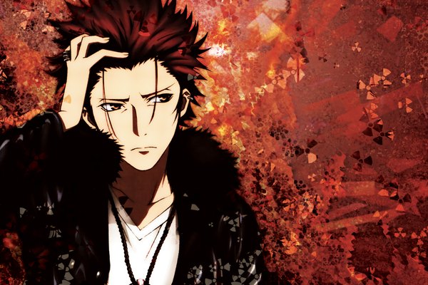 Anime picture 1200x800 with k-project gohands (studio) mikoto suoh umi-no-mizu single short hair brown eyes looking away red hair open clothes open jacket boy pendant ring