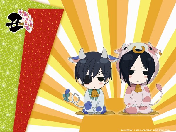 Anime picture 1600x1200 with kuroshitsuji a-1 pictures sebastian michaelis ciel phantomhive blush fringe short hair open mouth black hair smile sitting animal ears tail animal tail horn (horns) multiple boys wallpaper striped chibi serious