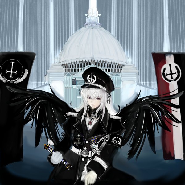 Anime picture 1250x1250 with rozen maiden suigintou mercury lampe partei single long hair red eyes silver hair alternate costume black wings architecture girl gloves uniform hat sword wings white gloves building (buildings) military uniform armband