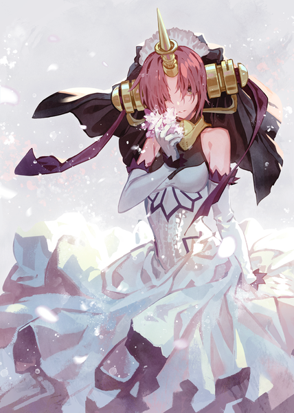 Anime picture 744x1044 with fate (series) fate/apocrypha frankenstein's monster (fate) amanohana single tall image looking at viewer short hair standing bare shoulders pink hair horn (horns) wind hair over eyes girl dress gloves flower (flowers) elbow gloves white gloves