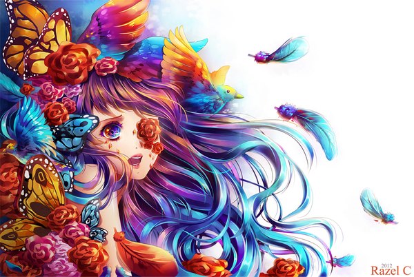 Anime picture 1064x714 with original raayzel single long hair open mouth multicolored hair lips inscription two-tone hair heterochromia multicolored eyes insect wings butterfly wings girl flower (flowers) animal bird (birds) insect butterfly feather (feathers)