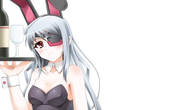 Anime picture 4000x2500 with infinite stratos 8bit laura bodewig single long hair blush highres simple background red eyes wide image white background bare shoulders animal ears absurdres silver hair light smile bunny ears girl wrist cuffs collar