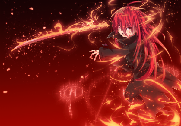 Anime picture 2000x1400 with shakugan no shana j.c. staff shana nakadadaichi single long hair looking at viewer highres open mouth red eyes red hair red background girl weapon sword katana cloak fire