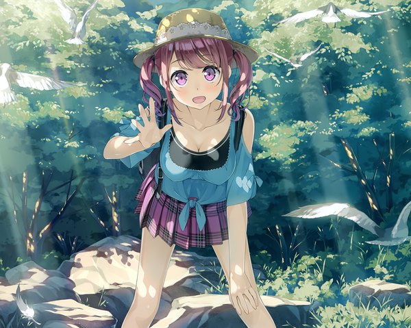 Anime picture 4947x3957 with original 5 nenme no houkago kurumi (kantoku) kantoku single looking at viewer blush highres short hair breasts open mouth twintails pink hair absurdres outdoors pleated skirt pink eyes leaning leaning forward short twintails
