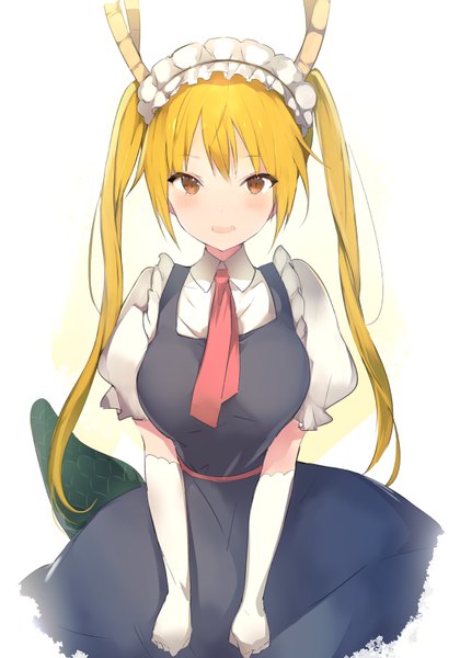 Anime picture 624x892 with kobayashi-san chi no maidragon kyoto animation tooru (maidragon) lpip single long hair looking at viewer blush fringe breasts open mouth simple background blonde hair smile standing white background twintails brown eyes payot horn (horns)
