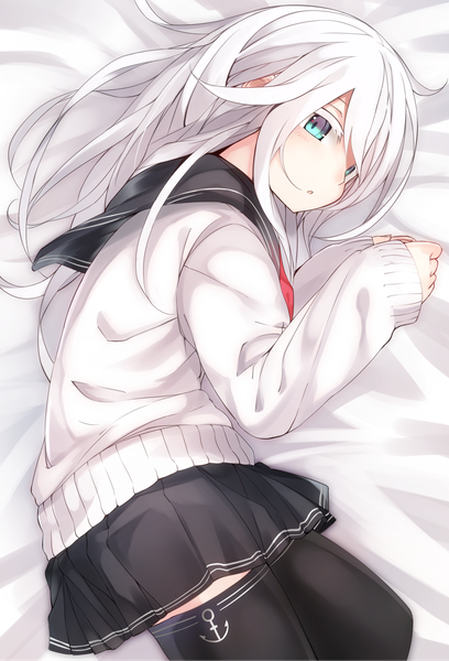 Anime picture 1000x1469 with kantai collection hibiki destroyer otokuyou single long hair tall image looking at viewer blush fringe open mouth ahoge white hair lying long sleeves pleated skirt aqua eyes from above :o zettai ryouiki on side