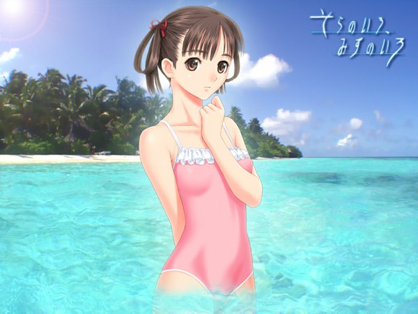Anime picture 1024x768 with sora no iro mizu no iro sorayama natsume tony taka single fringe short hair brown hair standing brown eyes sky cloud (clouds) outdoors inscription partially submerged arm behind back hand to mouth nature girl ribbon (ribbons) swimsuit