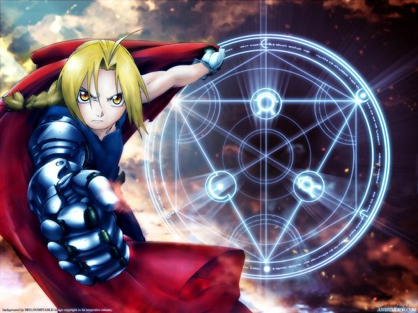 Anime picture 1024x768 with fullmetal alchemist studio bones edward elric single long hair looking at viewer fringe blonde hair yellow eyes sky cloud (clouds) magic mechanical parts cloak single glove magic circle prosthesis