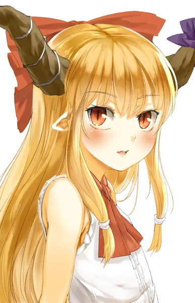 Anime picture 1130x1748 with touhou ibuki suika nishiuri (artist) single long hair tall image blush open mouth simple background blonde hair red eyes white background looking away horn (horns) pointy ears sleeveless slit pupils girl bow hair bow