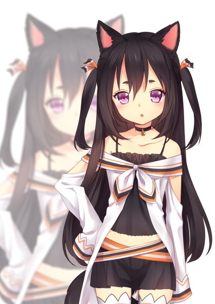 Anime picture 2480x3507 with original kyuri tizu single long hair tall image looking at viewer blush highres open mouth black hair purple eyes bare shoulders animal ears cat ears cat girl two side up zoom layer girl dress