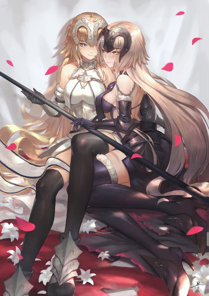 Anime picture 2893x4093 with fate (series) fate/grand order fate/apocrypha jeanne d'arc (fate) (all) jeanne d'arc alter (fate) jeanne d'arc (fate) jeanne d'arc alter (avenger) (third ascension) (fate) duan henglong tall image looking at viewer blush fringe highres blue eyes light erotic blonde hair smile sitting bare shoulders multiple girls