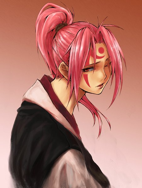 Anime picture 780x1036 with guilty gear baiken guchico single long hair tall image looking at viewer simple background pink hair ponytail one eye closed pink eyes wink gradient background facial mark scar brown background girl