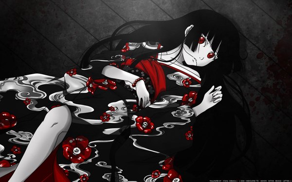 Anime picture 1920x1200 with hell girl studio deen enma ai single long hair highres black hair red eyes wide image japanese clothes floral print girl kimono
