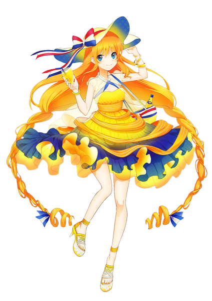 Anime picture 1240x1754 with original orangina pustakkeramzytowy saku (pixiv526117) single tall image blue eyes blonde hair twintails very long hair light smile transparent background flag print rendered girl dress hat bracelet drink beads