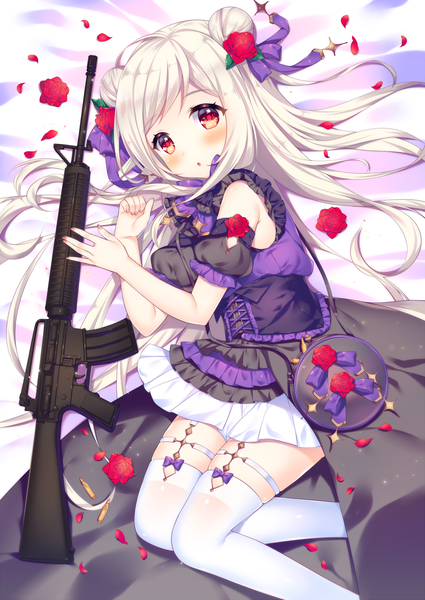 Anime picture 1000x1412 with original natsume asato single long hair tall image looking at viewer blush open mouth red eyes white hair girl thighhighs dress flower (flowers) weapon petals white thighhighs frills rose (roses) gun