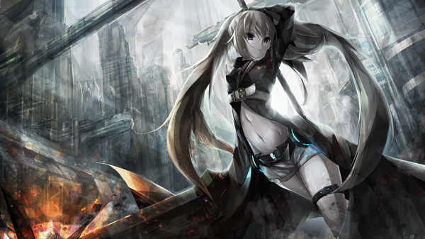 Anime picture 2560x1440 with original riburanomind single long hair looking at viewer highres blonde hair wide image twintails brown eyes bare belly city cityscape pale skin ruins destruction girl navel weapon shorts