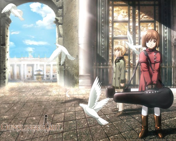 Anime picture 1280x1024 with gunslinger girl madhouse henrietta (gunslinger girl) rico short hair blonde hair brown hair standing multiple girls brown eyes full body sunlight wallpaper girl 2 girls animal jacket boots bird (birds) pigeon