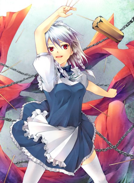 Anime picture 1024x1396 with touhou izayoi sakuya yoshino ryou single tall image looking at viewer short hair open mouth red eyes silver hair braid (braids) maid twin braids girl thighhighs dress bow hair bow white thighhighs headdress