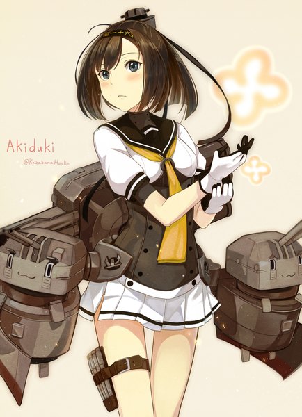 Anime picture 1500x2073 with kantai collection akizuki destroyer chou-10cm-hou-chan kazabana fuuka single tall image short hair simple background brown hair signed looking away pleated skirt black eyes character names girl skirt gloves hairband sailor suit corset