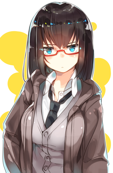 Anime picture 800x1221 with original otokuyou single long hair tall image looking at viewer blush fringe breasts blue eyes black hair standing open collar girl uniform school uniform shirt glasses necktie white shirt