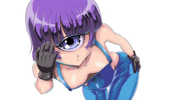 Anime picture 1920x1080 with monster musume no iru nichijou manako okan single looking at viewer fringe highres short hair light erotic simple background wide image white background purple eyes purple hair leaning leaning forward naked overalls girl gloves overalls