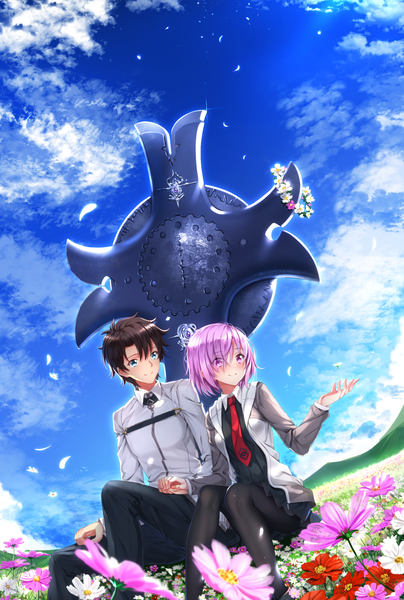 Anime picture 1102x1636 with fate (series) fate/grand order mash kyrielight fujimaru ritsuka (male) swordsouls tall image blush fringe short hair blue eyes black hair smile sitting purple eyes looking away sky purple hair cloud (clouds) pleated skirt hair over one eye