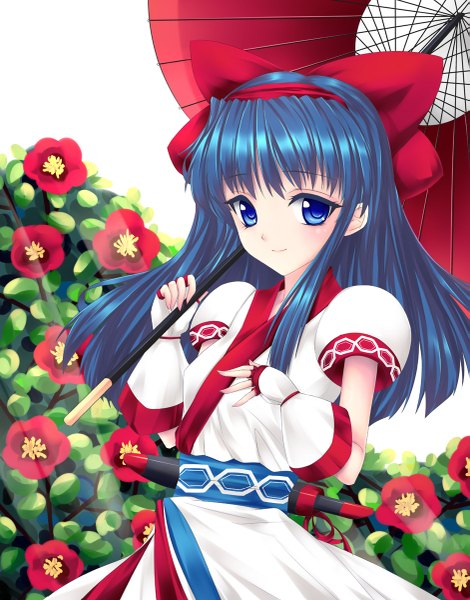 Anime picture 941x1200 with samurai spirits nakoruru fred0092 long hair tall image looking at viewer blue eyes blue hair girl dress flower (flowers) bow hair bow hairband umbrella
