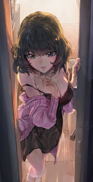Anime picture 900x1753 with idolmaster idolmaster cinderella girls takagaki kaede modare single tall image looking at viewer blush fringe short hair breasts blue eyes light erotic brown hair large breasts green eyes cleavage parted lips mole leaning