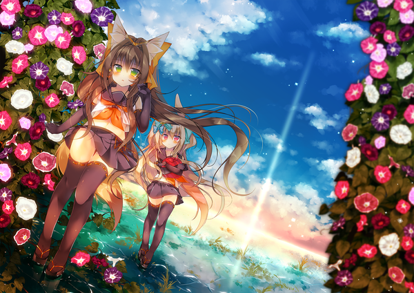 Anime picture 2121x1500 with original monaka natsume long hair looking at viewer blush fringe highres breasts hair between eyes brown hair multiple girls holding animal ears yellow eyes sky cloud (clouds) bent knee (knees) outdoors tail animal tail