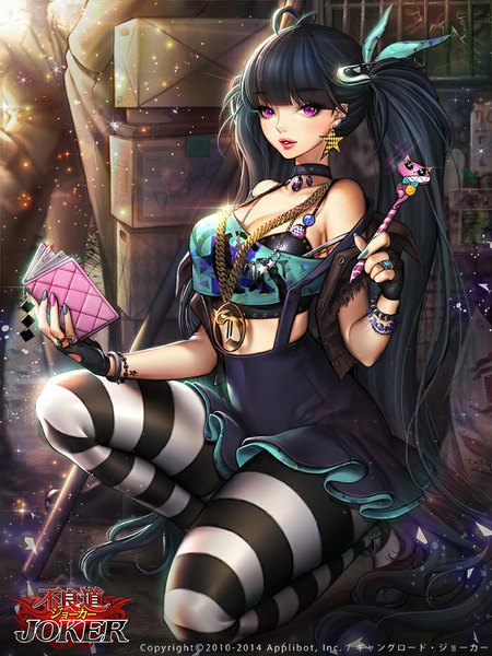 Anime picture 700x933 with joker ~gang road~ dadachyo single long hair tall image looking at viewer black hair twintails purple eyes very long hair girl dress gloves hair ornament pantyhose fingerless gloves striped pantyhose