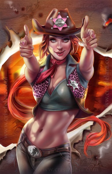 Anime picture 792x1224 with cris delara single tall image looking at viewer blue eyes smile red hair very long hair lips bare belly midriff girl navel hat necktie belt cowboy hat