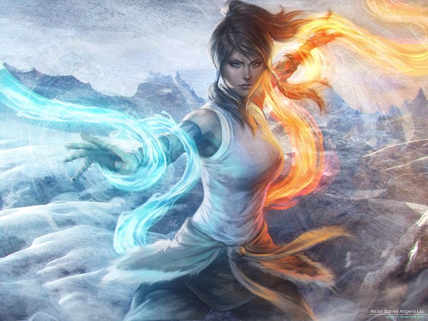 Anime picture 1600x1200 with avatar: the legend of korra korra artgerm (stanley lau) single long hair blue eyes black hair twintails ponytail lips realistic magic mountain girl water belt fire