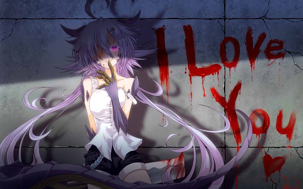 Anime picture 1800x1125 with original g (desukingu) single long hair looking at viewer fringe highres smile purple eyes twintails bare shoulders purple hair ahoge hair over one eye inscription shadow sleeveless text low twintails glowing