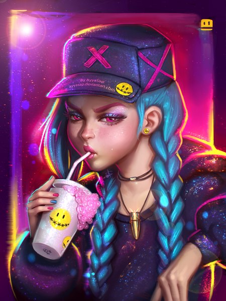 Anime picture 1536x2048 with league of legends jinx (league of legends) ayyasap single long hair tall image blue hair nail polish pink eyes fingernails lips realistic lipstick eyeshadow pink lipstick makeup pink nail polish blue nail polish multicolored nail polish girl