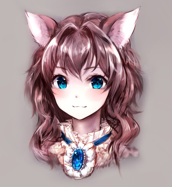 Anime picture 1000x1086 with original suke single long hair tall image looking at viewer blush fringe blue eyes simple background smile hair between eyes brown hair white background animal ears upper body :3 girl