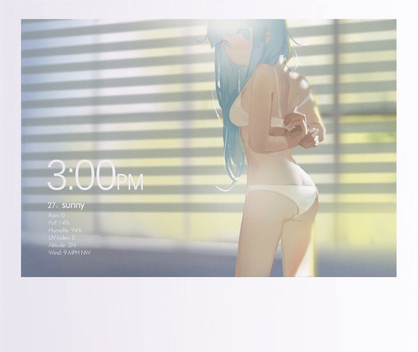 Anime picture 1059x893 with original hjl single long hair looking at viewer fringe breasts light erotic standing bare shoulders ass indoors blunt bangs looking back aqua eyes sunlight blurry aqua hair bare legs shadow