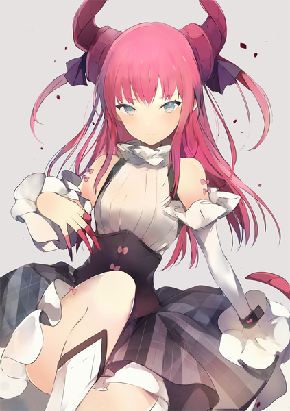 Anime picture 700x992 with fate (series) fate/extra fate/extra ccc elizabeth bathory (fate) (all) elizabeth bathory (fate) lpip single long hair tall image looking at viewer fringe blue eyes simple background smile sitting twintails bare shoulders pink hair bent knee (knees) horn (horns)