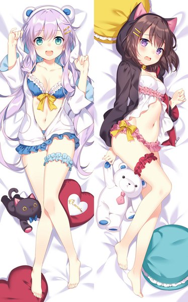 Anime picture 499x800 with original rie (reverie) long hair tall image blush short hair open mouth light erotic smile brown hair multiple girls animal ears pink hair full body bent knee (knees) pink eyes barefoot aqua eyes fake animal ears multiview