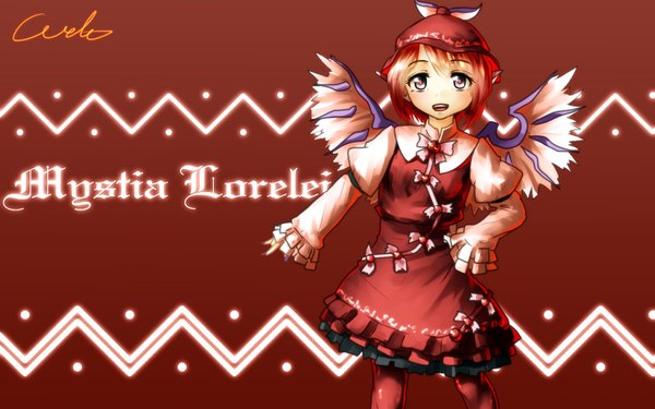 Anime picture 1440x900 with touhou mystia lorelei welt (kinsei koutenkyoku) single looking at viewer fringe short hair open mouth brown hair signed long sleeves nail polish pointy ears grey eyes puffy sleeves character names hand on hip brown background girl dress