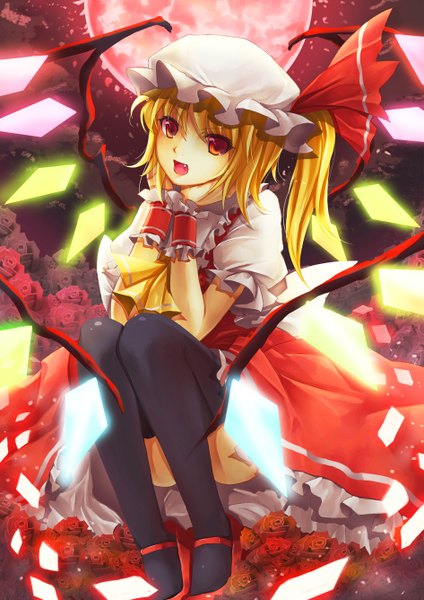 Anime picture 945x1336 with touhou flandre scarlet sola (sola04) single tall image looking at viewer short hair open mouth blonde hair red eyes sitting teeth fang (fangs) one side up red moon girl thighhighs flower (flowers) black thighhighs wings