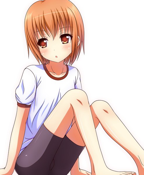 Anime picture 1027x1251 with original kk-sk-ray single tall image looking at viewer short hair light erotic simple background white background orange hair orange eyes girl uniform gym uniform leggings