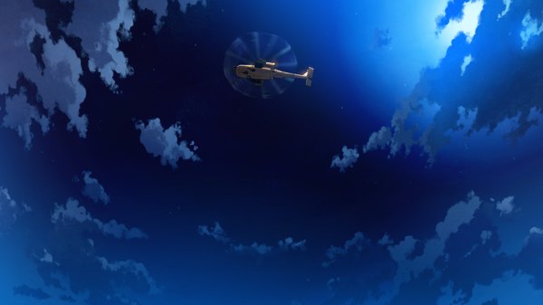 Anime picture 1280x720 with grisaia no kajitsu highres wide image game cg cloud (clouds) night weapon moon helicopter