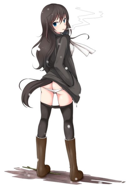 Anime picture 1000x1478 with strike witches elizabeth f beurling rosettastone single long hair tall image blush blue eyes light erotic black hair simple background white background ass animal tail looking back smoking girl boots