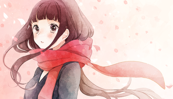 Anime picture 1800x1036 with original shigure ui single long hair blush fringe highres simple background brown hair wide image brown eyes blunt bangs parted lips wind gradient background pink background girl petals scarf red scarf