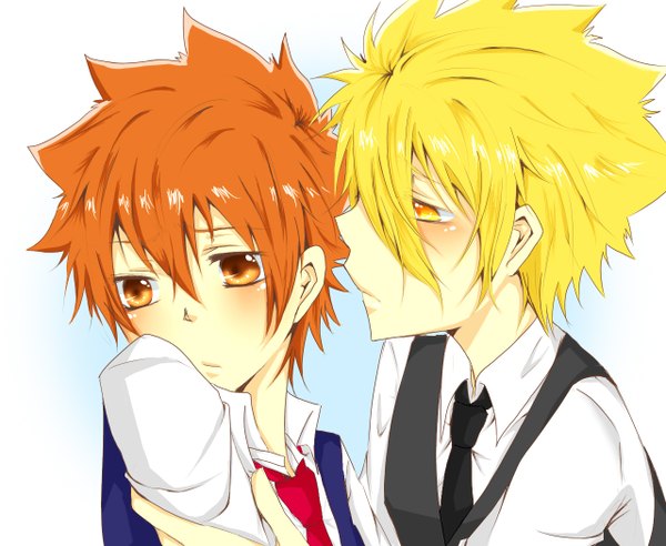 Anime picture 1280x1050 with katekyou hitman reborn sawada tsunayoshi vongola primo giotto atsuki (artist) short hair simple background blonde hair white background orange hair orange eyes shounen ai boy necktie vest