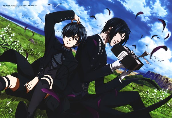 Anime picture 7005x4817 with kuroshitsuji a-1 pictures sebastian michaelis ciel phantomhive looking at viewer highres short hair black hair red eyes sitting absurdres cloud (clouds) multiple boys butler boy flower (flowers) animal bird (birds) 2 boys eyepatch