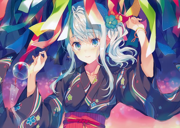 Anime picture 4199x3000 with original reia single long hair blush highres blue eyes holding payot looking away absurdres silver hair upper body nail polish traditional clothes japanese clothes inscription side ponytail floral print dust