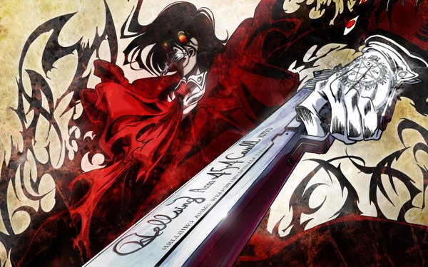 Anime picture 2576x1610 with hellsing alucard (hellsing) single long hair highres black hair wide image mouth hold magic vampire demon boy gloves weapon glasses gun cross magic circle